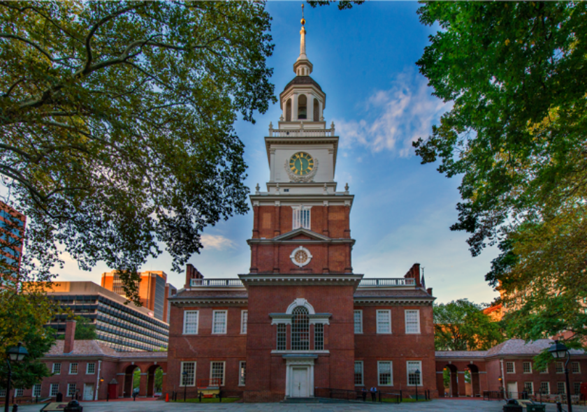 Front view of Independence Hall in Philadelphia.