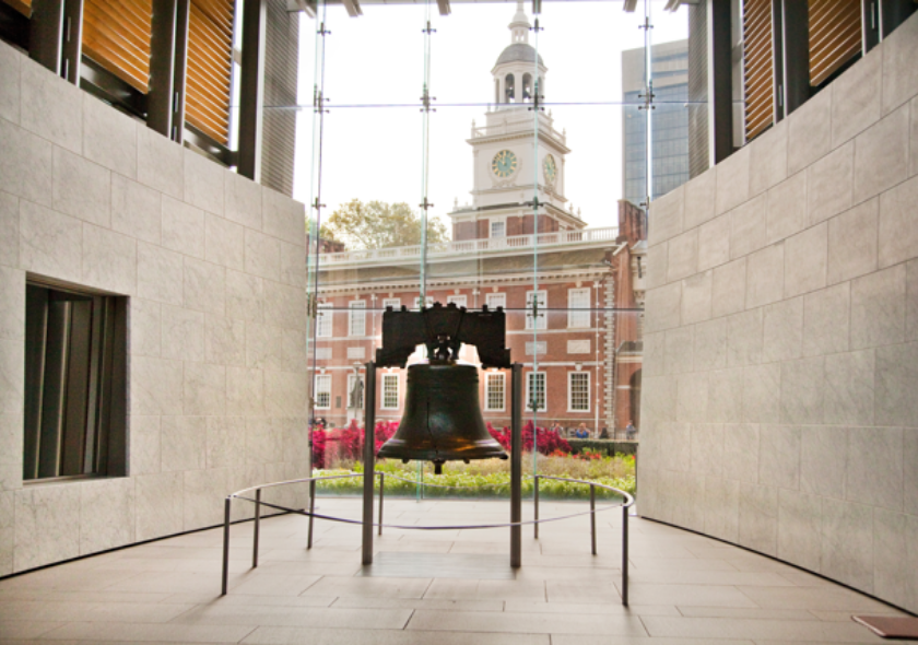 Liberty Bell with Independence Hall in the background.